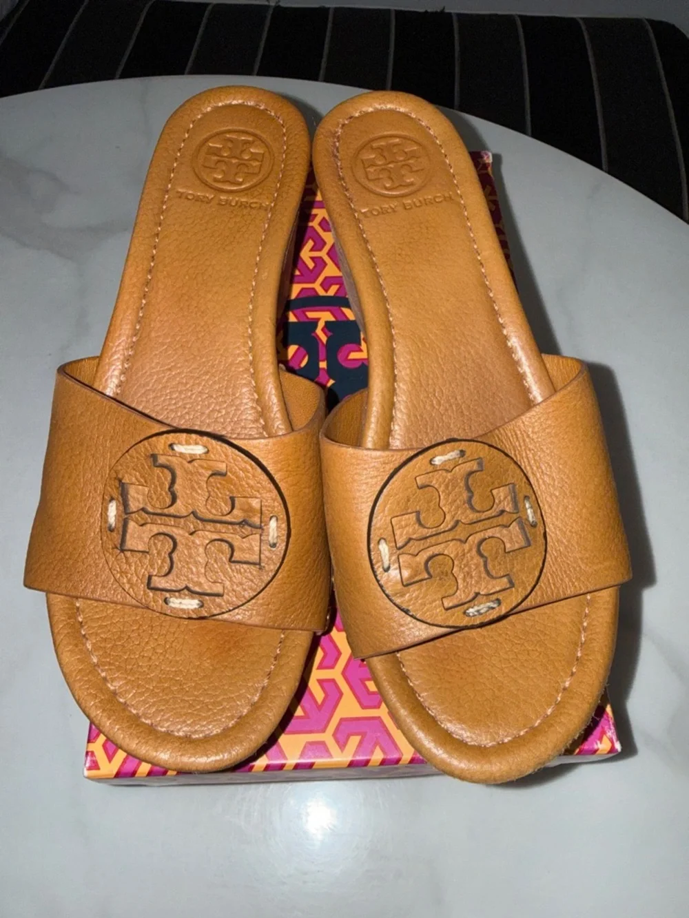 Tory Burch Cognac Leather Wedge Slide Sandals